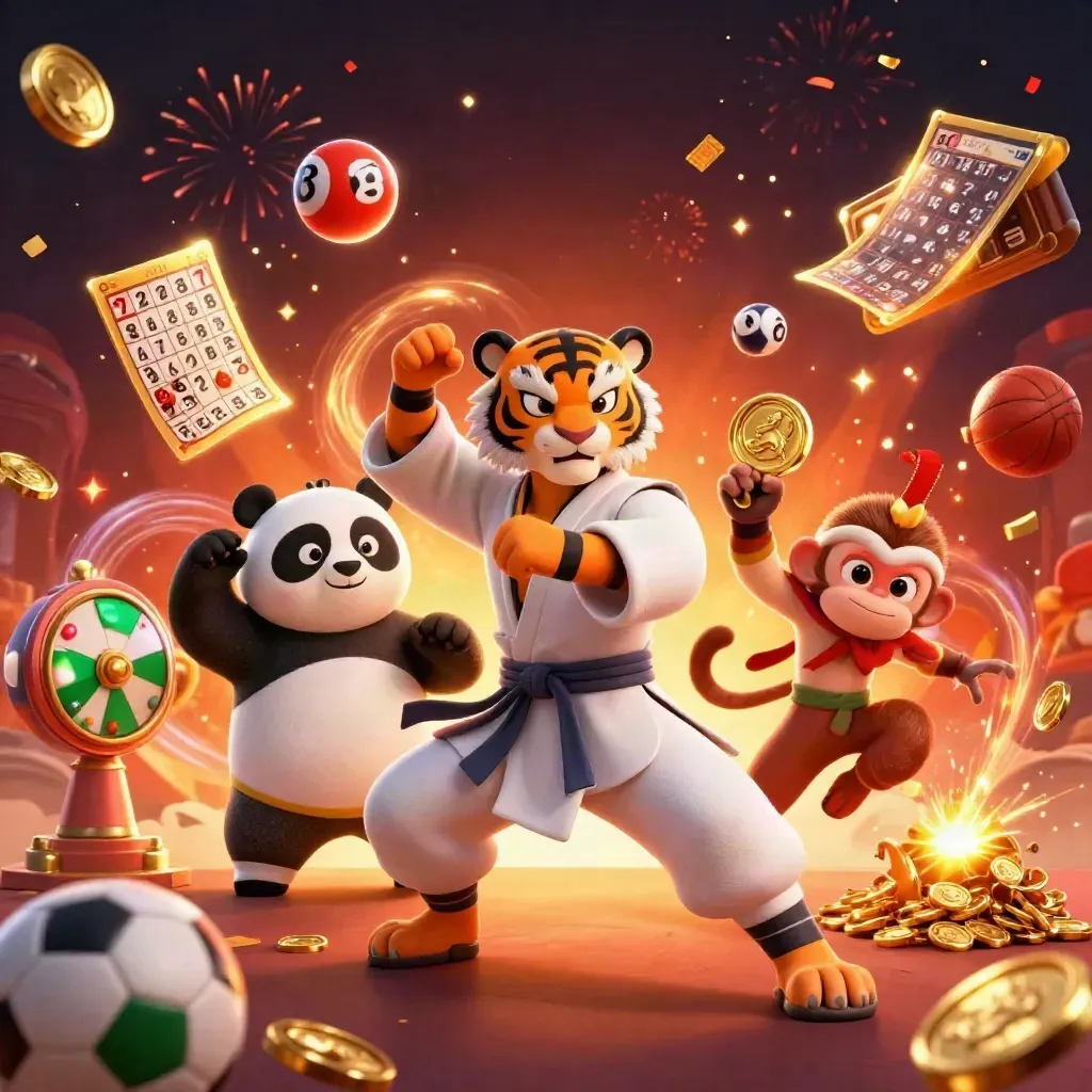 Kung-fu tiger, panda, and monkey amid casino coins, lottery balls, fireworks, and glowing treasure chaos